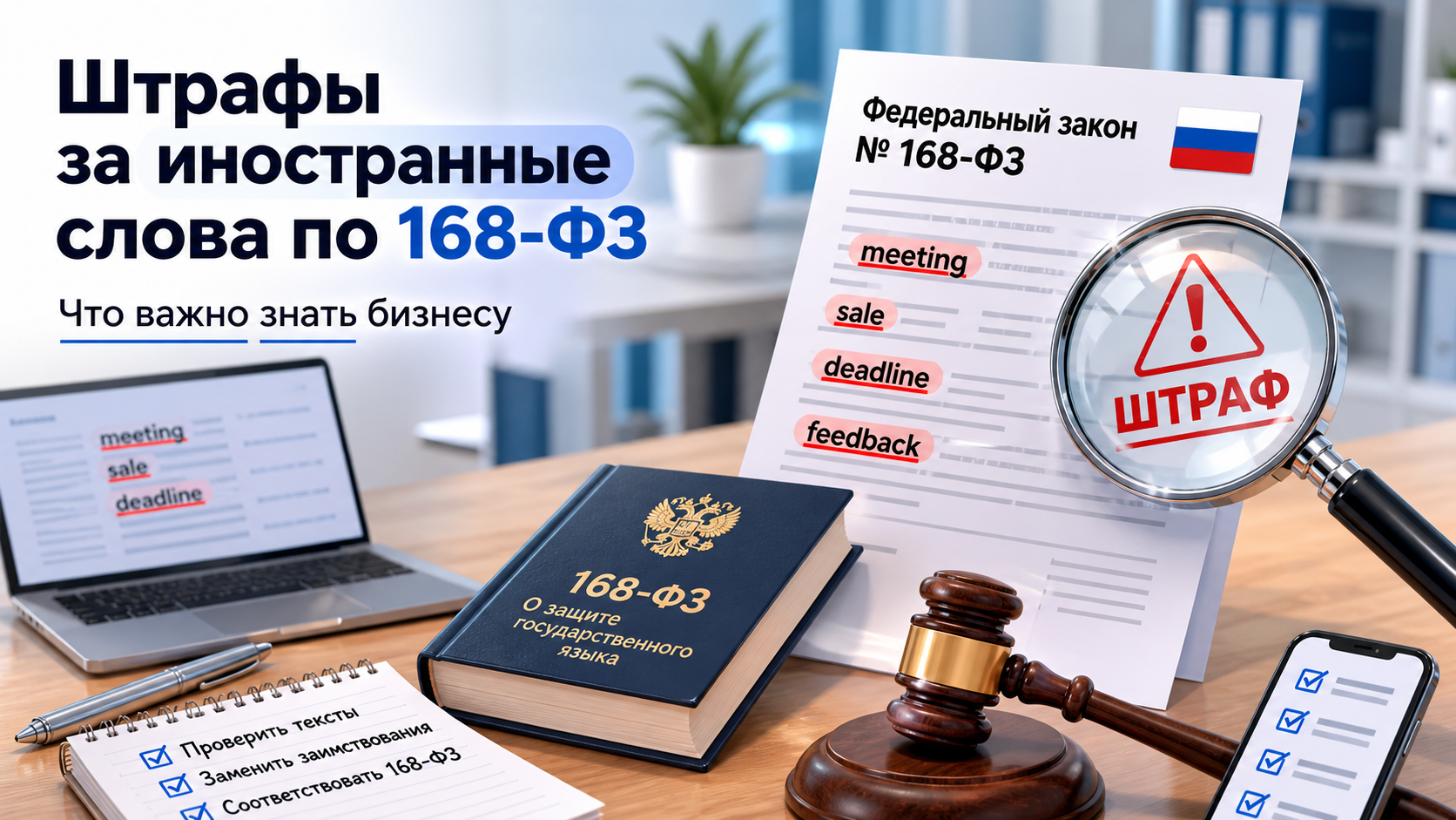 Иллюстрация штрафов за иностранные слова на сайте, в рекламе и на вывесках